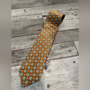 Ermenegildo Zegna Mens Necktie 100% Silk Made Italy Gold Blue Geometric Vintage